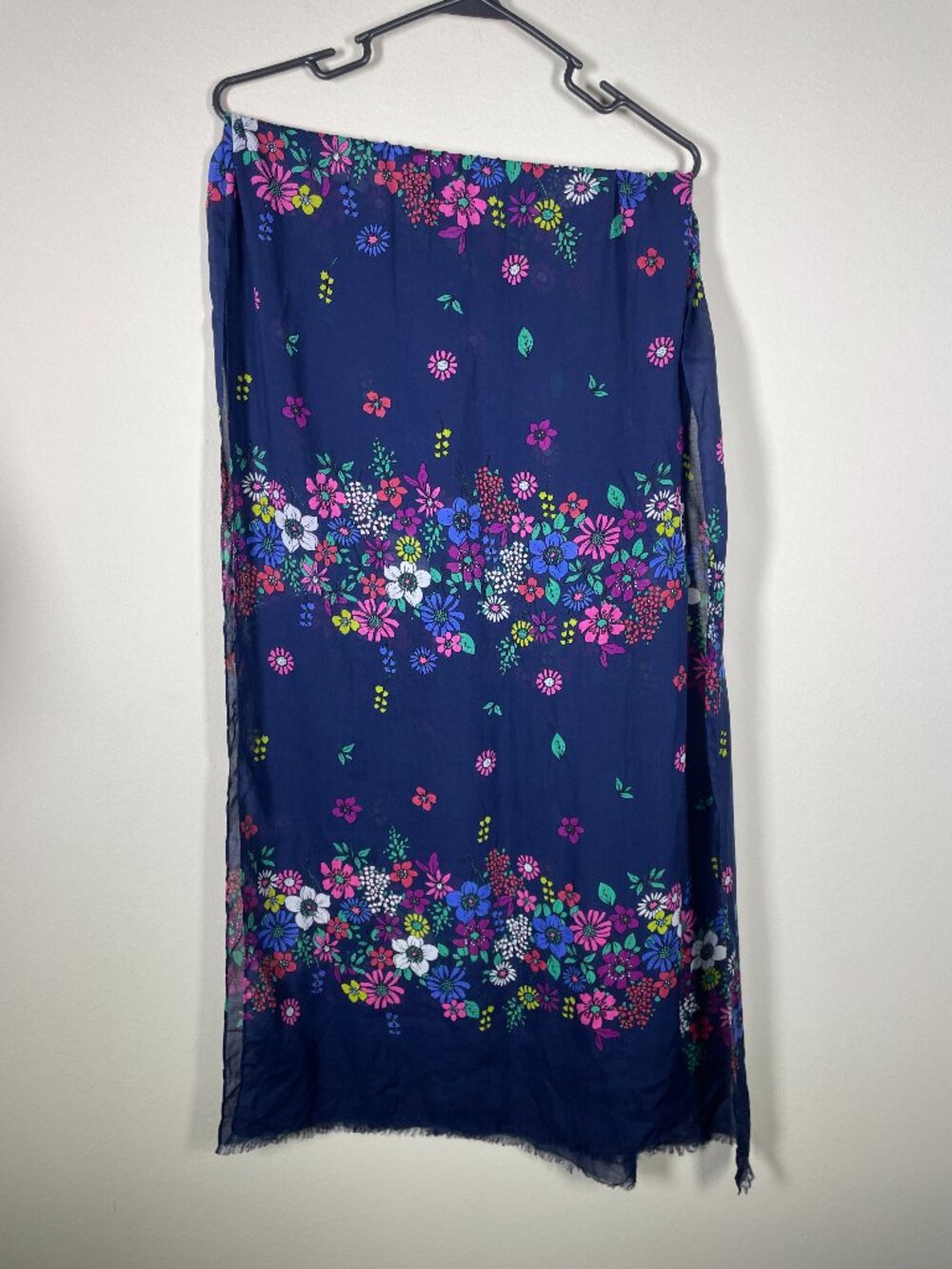 Decorative Navy Floral Frayed Ends Scarf 26" x 72" Beautiful!
